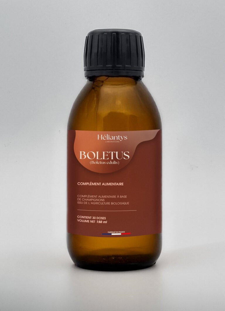 Flacon Laboratoire Héliantys Boletus avec étiquette terracotta.