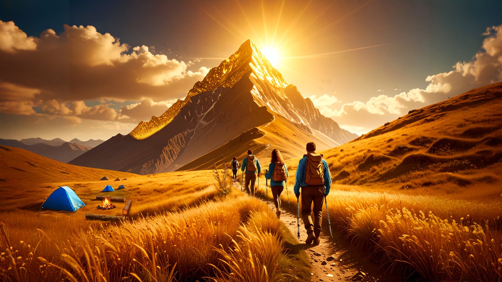 Fond du projet d'affiche Decathlon, randonneurs en montagne au coucher du soleil avec tente et feu de camp dans un paysage alpin doré.