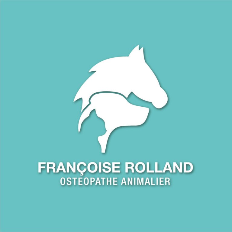 Logo verticale Françoise Rolland Ostéopathe animalier en version blanche sur fond turquoise.