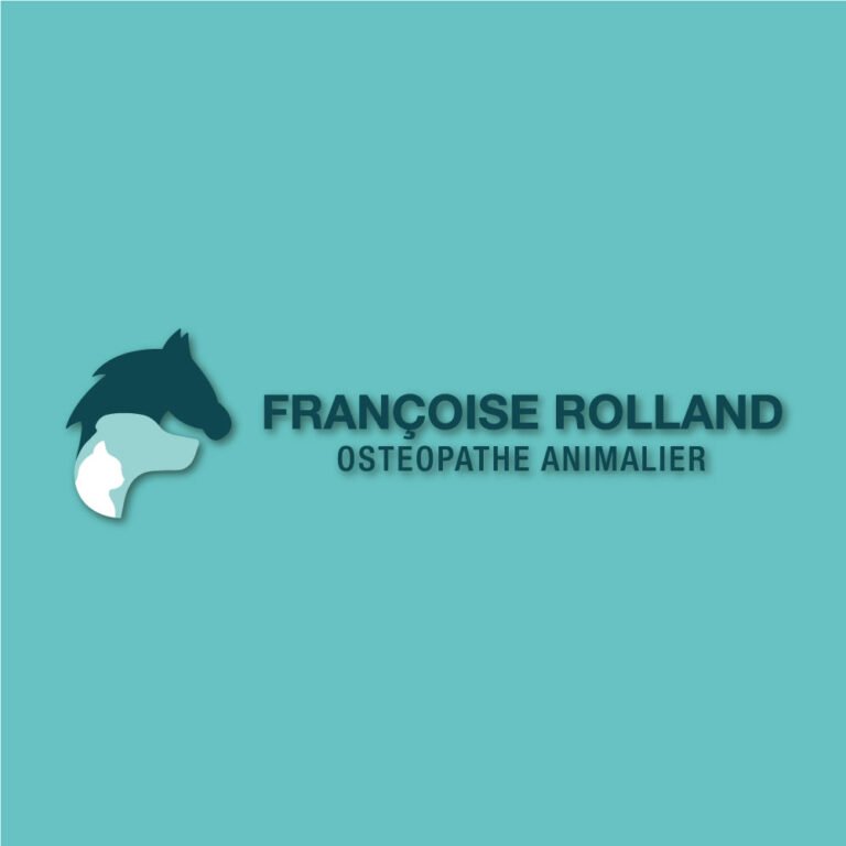 Logo horizontale Françoise Rolland Ostéopathe animalier sur fond turquoise.