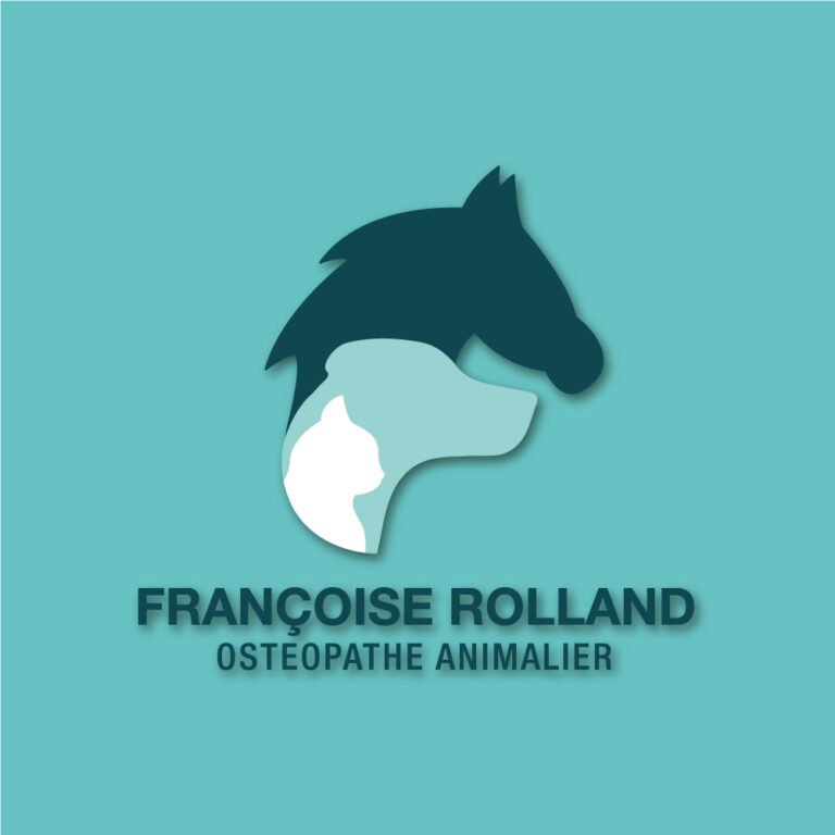 Logo verticale couleur Françoise Rolland Ostéopathe animalier sur fond turquoise.