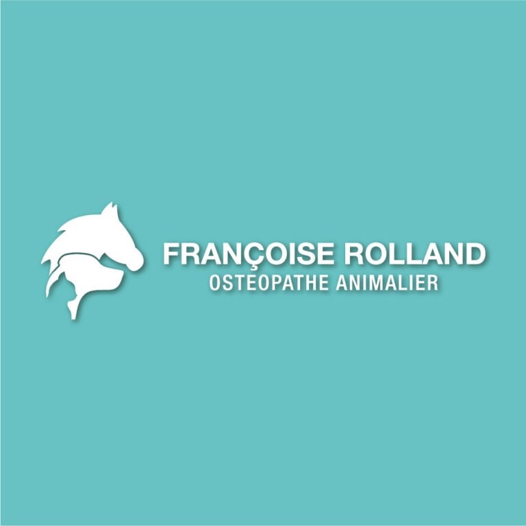 Logo horizontale Françoise Rolland Ostéopathe animalier en version blanche sur fond turquoise.