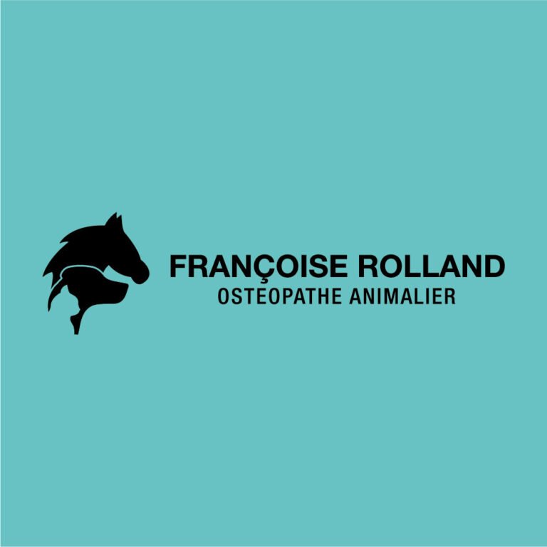 Logo horizontale Françoise Rolland Ostéopathe animalier en version noire sur fond turquoise.