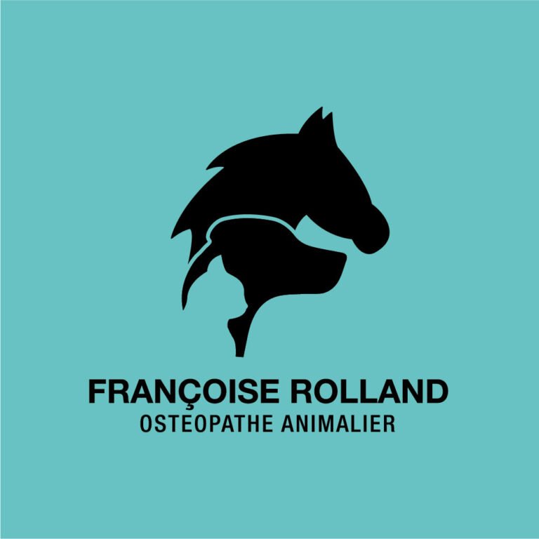 Logo verticale Françoise Rolland Ostéopathe animalier en version noire sur fond turquoise.