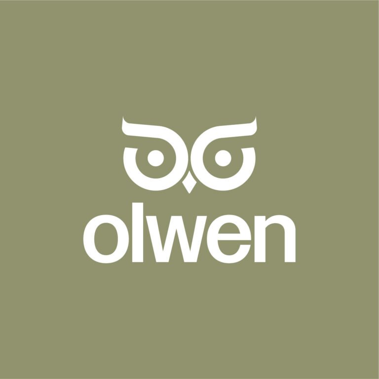 Logo Olwen avec symbole de chouette sur fond vert sauge.