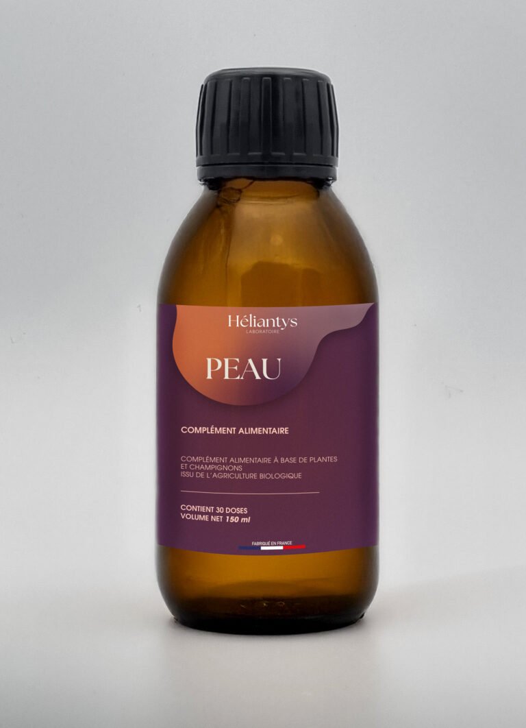 Flacon Laboratoire Héliantys Peau avec étiquette violette.