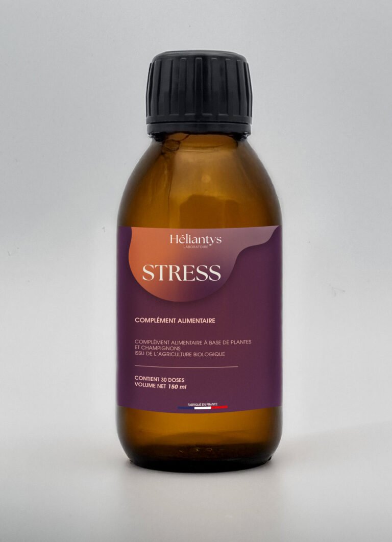 Flacon Laboratoire Héliantys Stress avec étiquette violette.