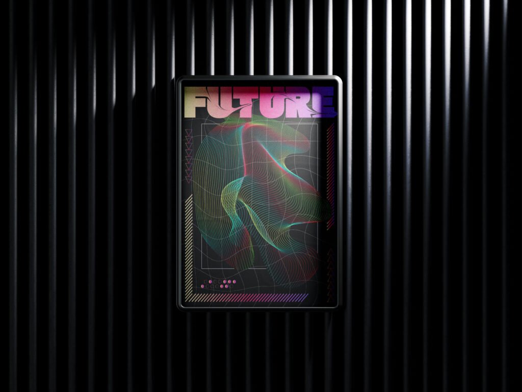 Mockup d’une affiche au style futuriste, composée de courbes lumineuses multicolores et d’une typographie imposante sur fond sombre texturé.