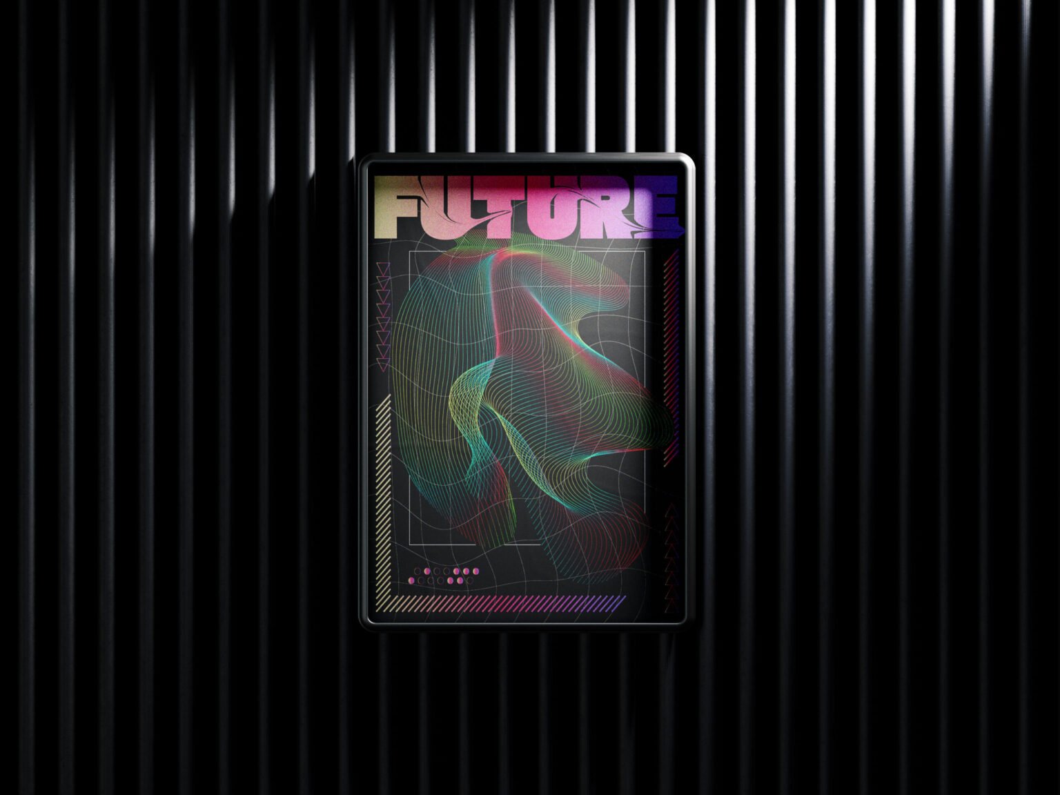 Mockup d’une affiche au style futuriste, composée de courbes lumineuses multicolores et d’une typographie imposante sur fond sombre texturé.
