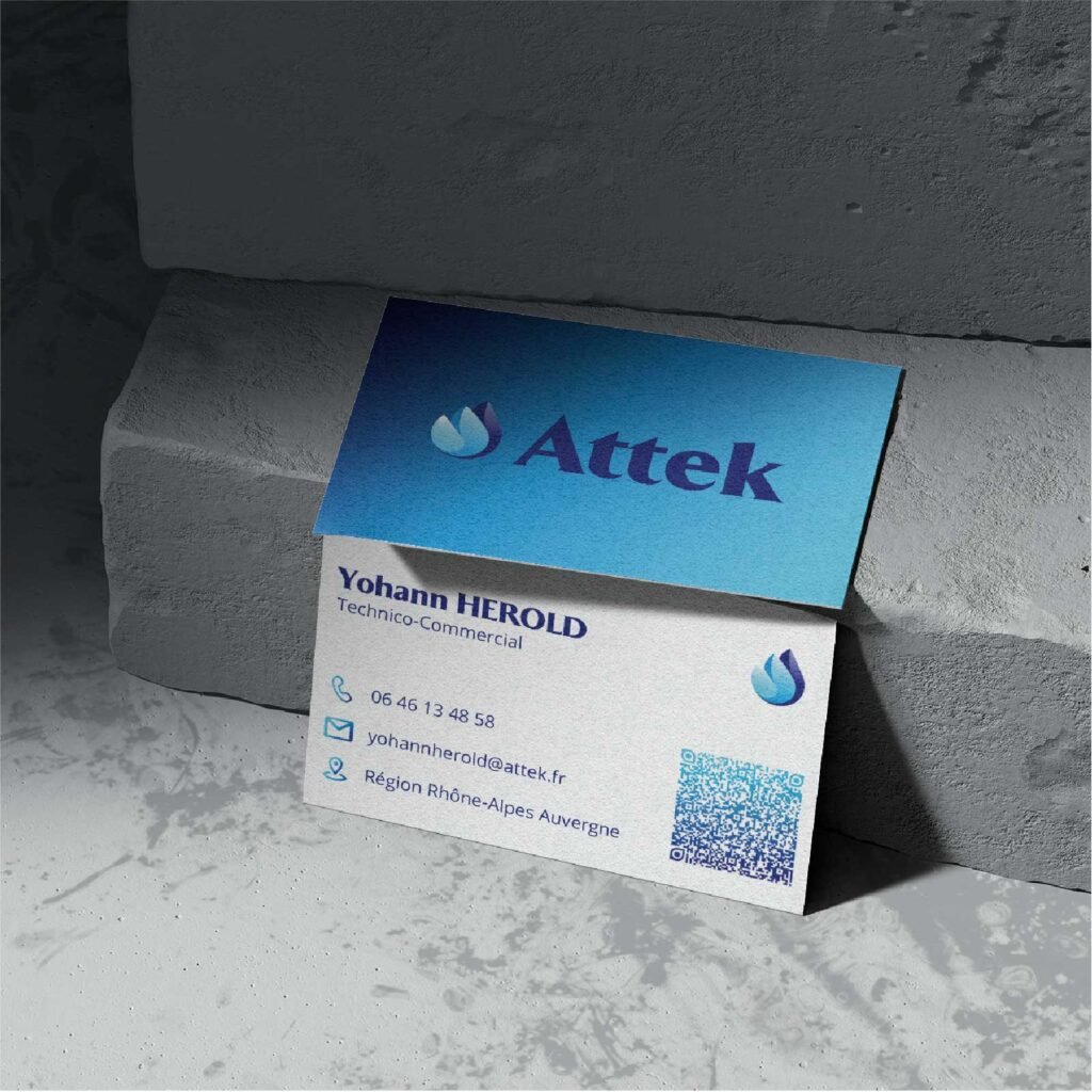 Carte de visite Attek avec identité visuelle bleue.
