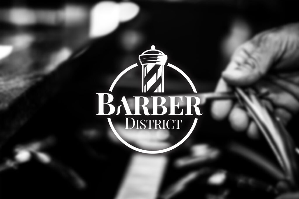 Logo Barbar District blanc sur un fond noir représentant un salon de coiffure