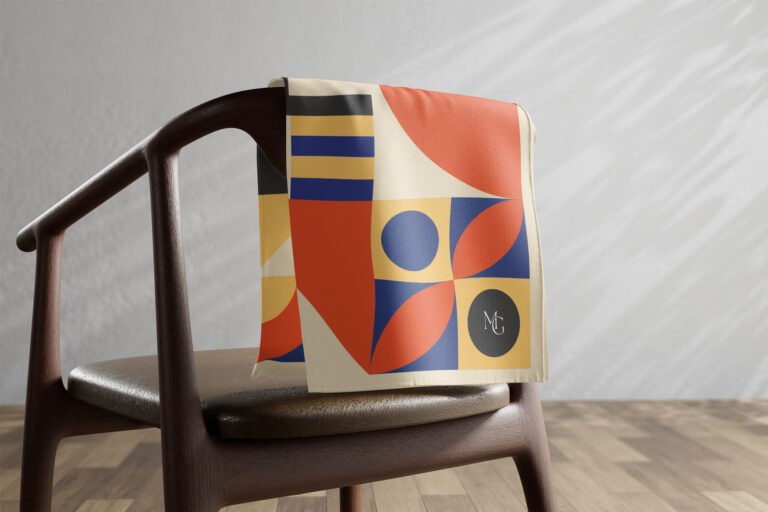 Carré de soie Maison Gabrielle à motif jaune, bleu et orange posé sur une chaise.