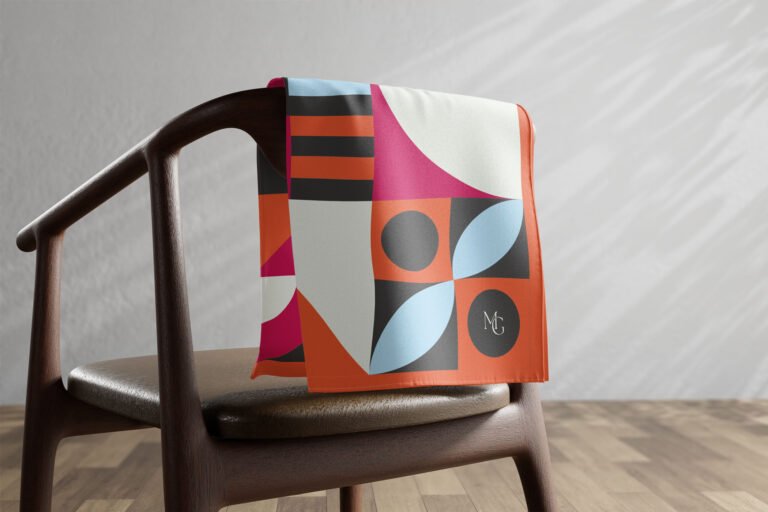 Carré de soie Maison Gabrielle à motif géométrique orange et rose posé sur une chaise.