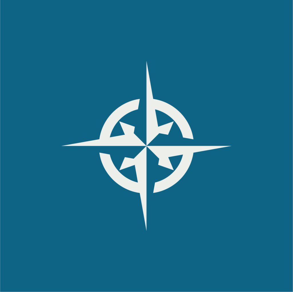 Symbole de boussole de l'identité visuelle Crusoe sur fond bleu.