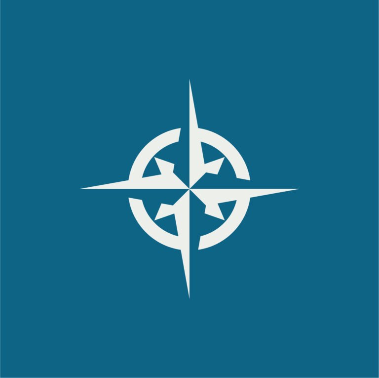 Symbole de boussole de l'identité visuelle Crusoe sur fond bleu.