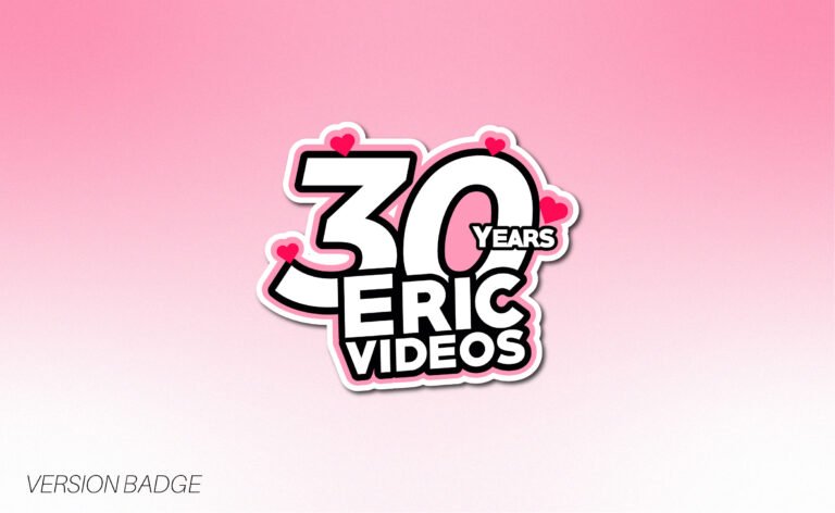Logo 30 Years Eric Videos en version badge sur fond rose.