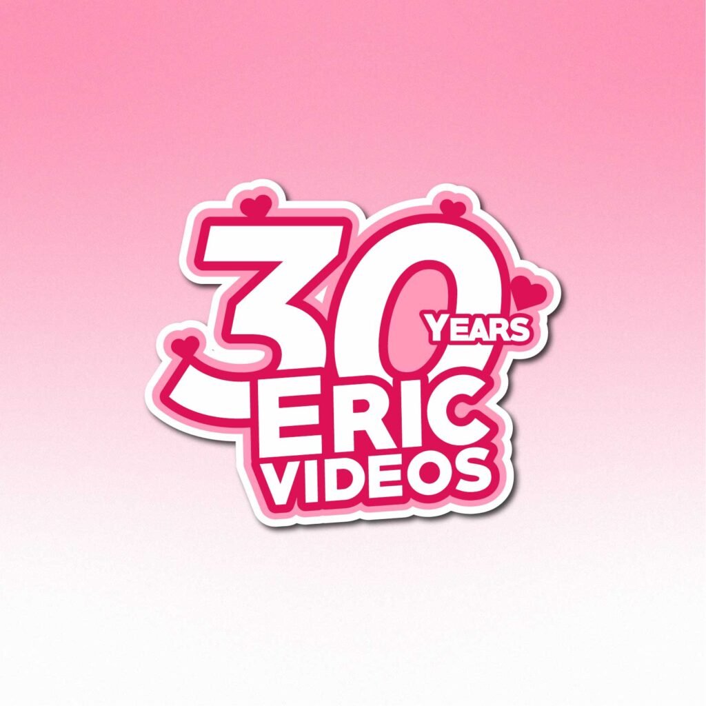 Logo 30 Years Eric Videos variante couleur du badge sur fond rose.