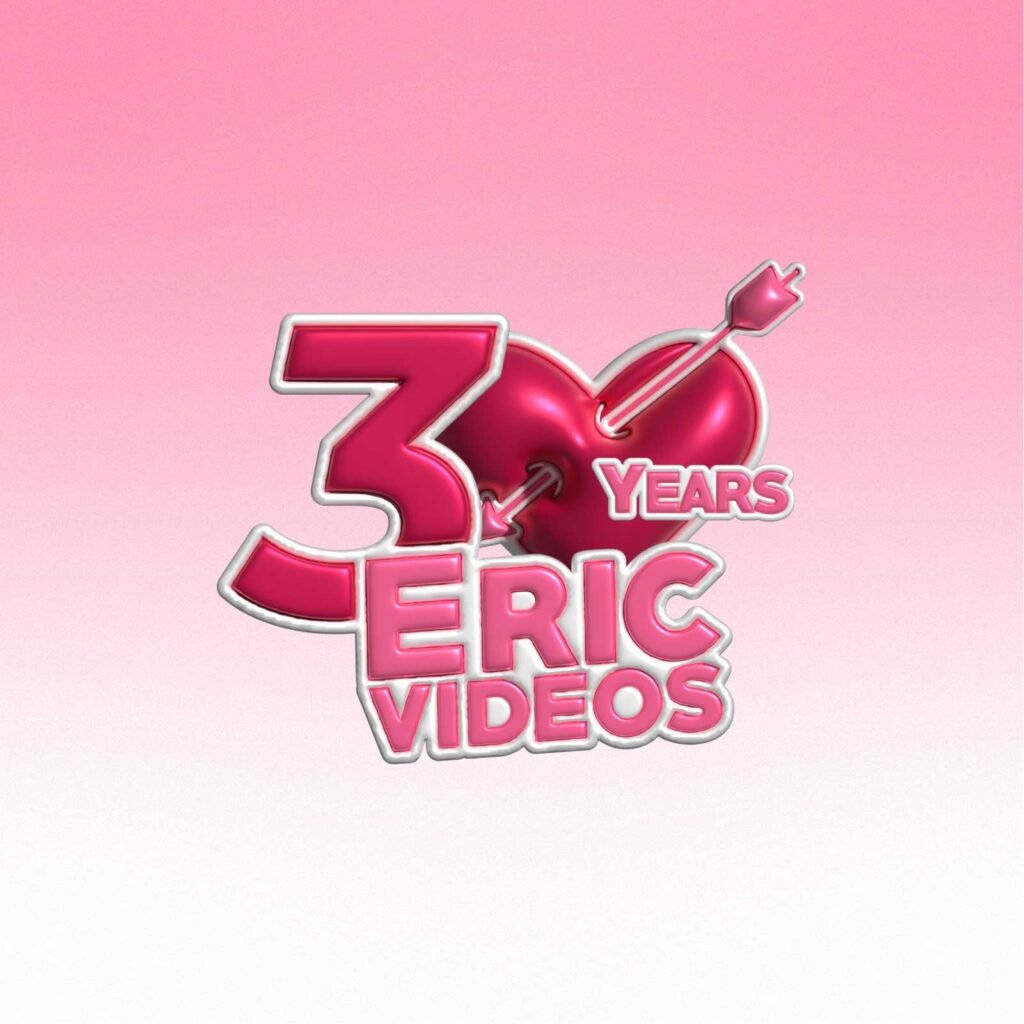 Logo 30 Years Eric Videos en seconde version 3D sur fond rose.