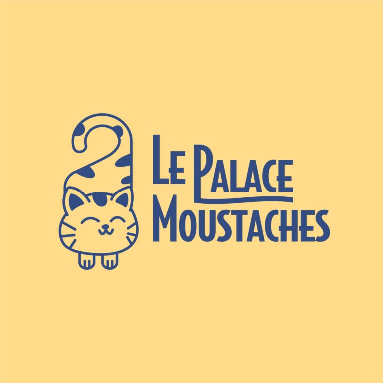 Logo fictif bleu sur un fond jaune pour un hôtel destiné aux chats