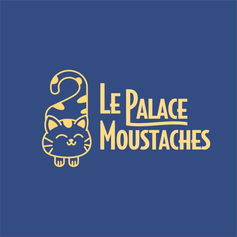 Logo fictif jaune sur un fond bleu pour un hôtel destiné aux chats