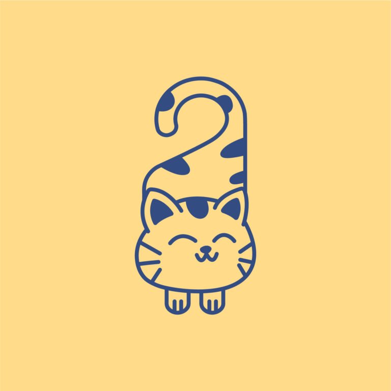 Logo emblême fictif bleu sur un fond jaune pour un hôtel destiné aux chats