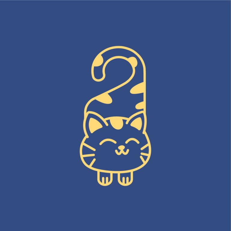 Logo emblême fictif jaune sur un fond bleu pour un hôtel destiné aux chats