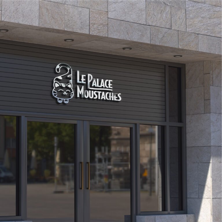 Mise en situation sur une devanture d'hôtel du logo fictif Le palace moustache