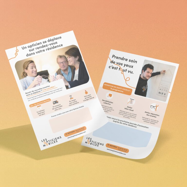 Maquette de supports imprimés avec portrait, textes et cartes de visite sur fond orange.
