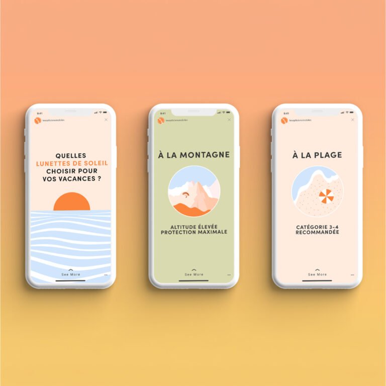Maquette de trois écrans de smartphone présentant une interface mobile sur fond orange.